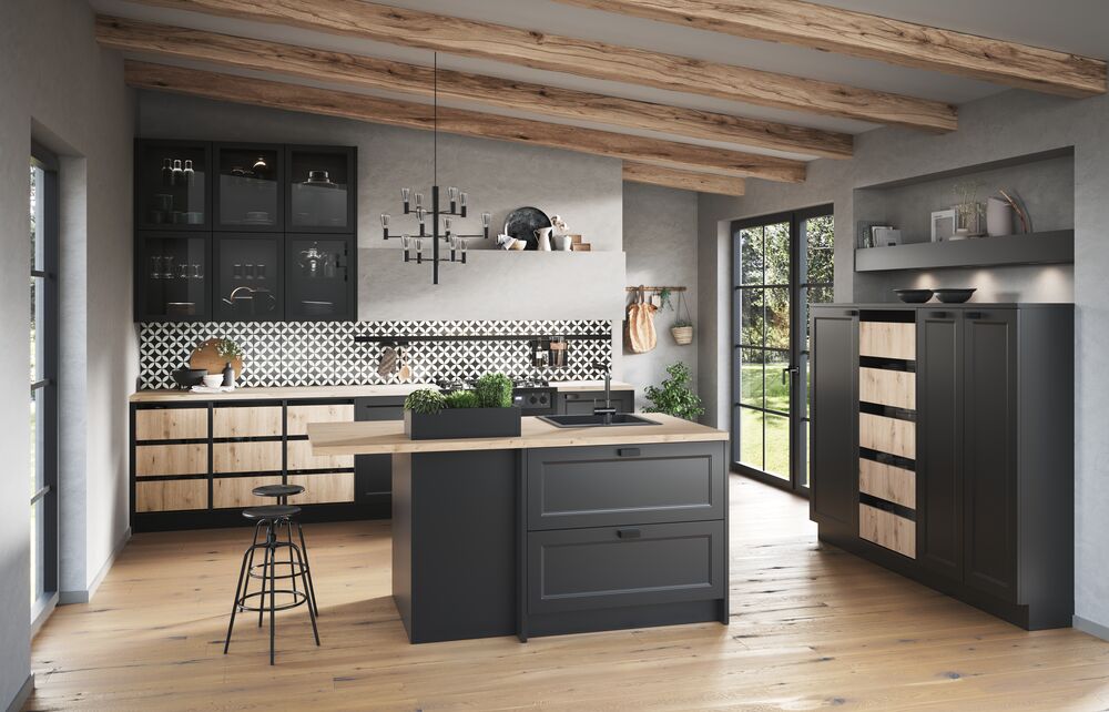 Reformas San Cugat: cocina de madera y gris, elegante y contemporánea.