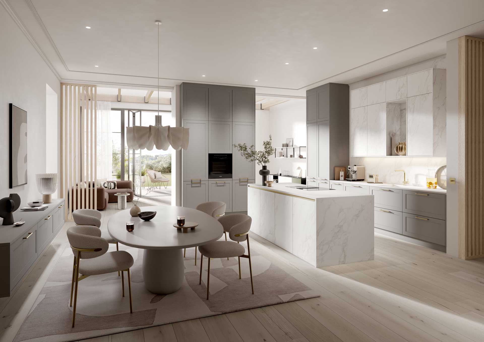 Reformas Sant Cugat: cocina toda blanca con isla marmolada, elegante y moderna