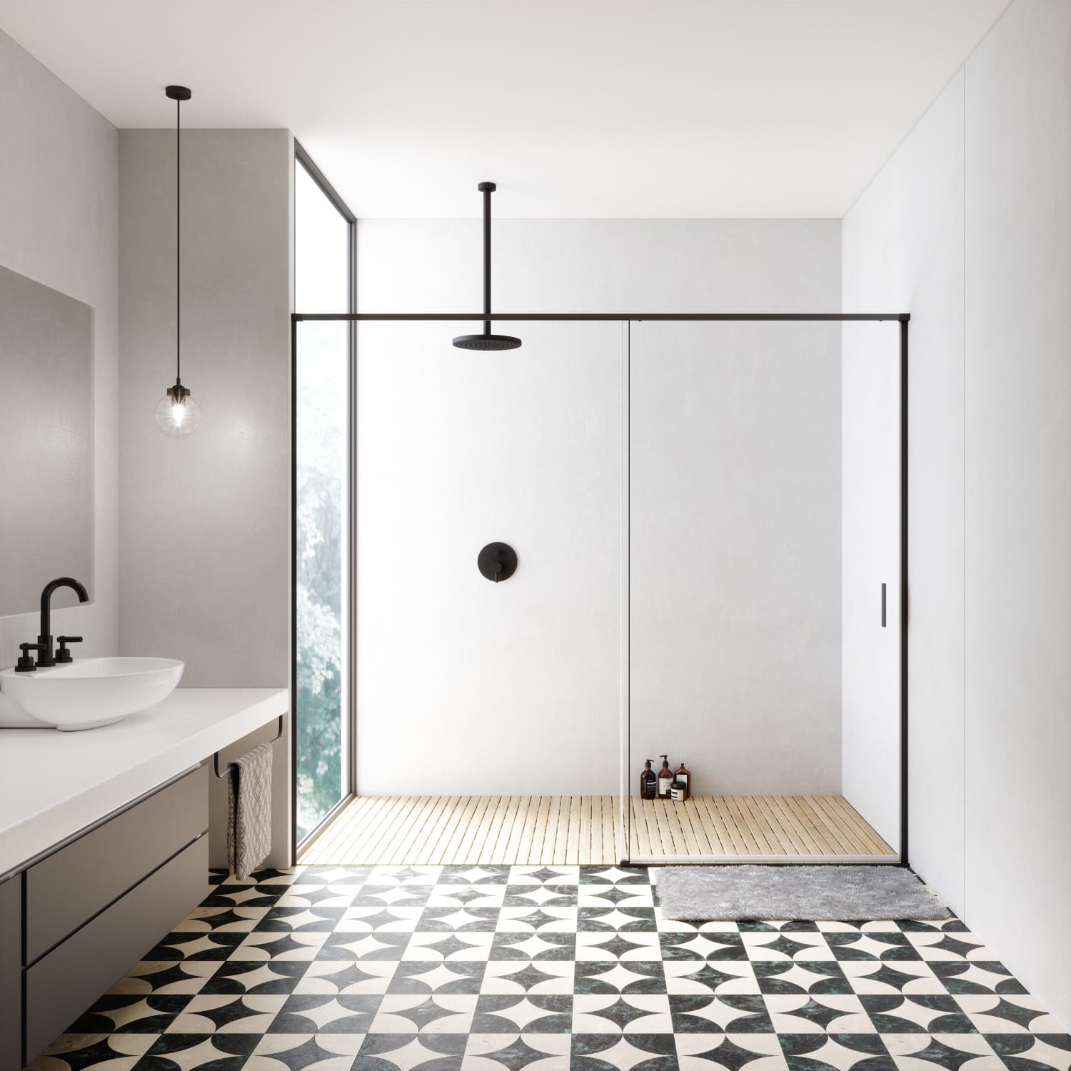Lampistería en Barcelona: baño con mampara grande y borde negro, diseño moderno y elegante