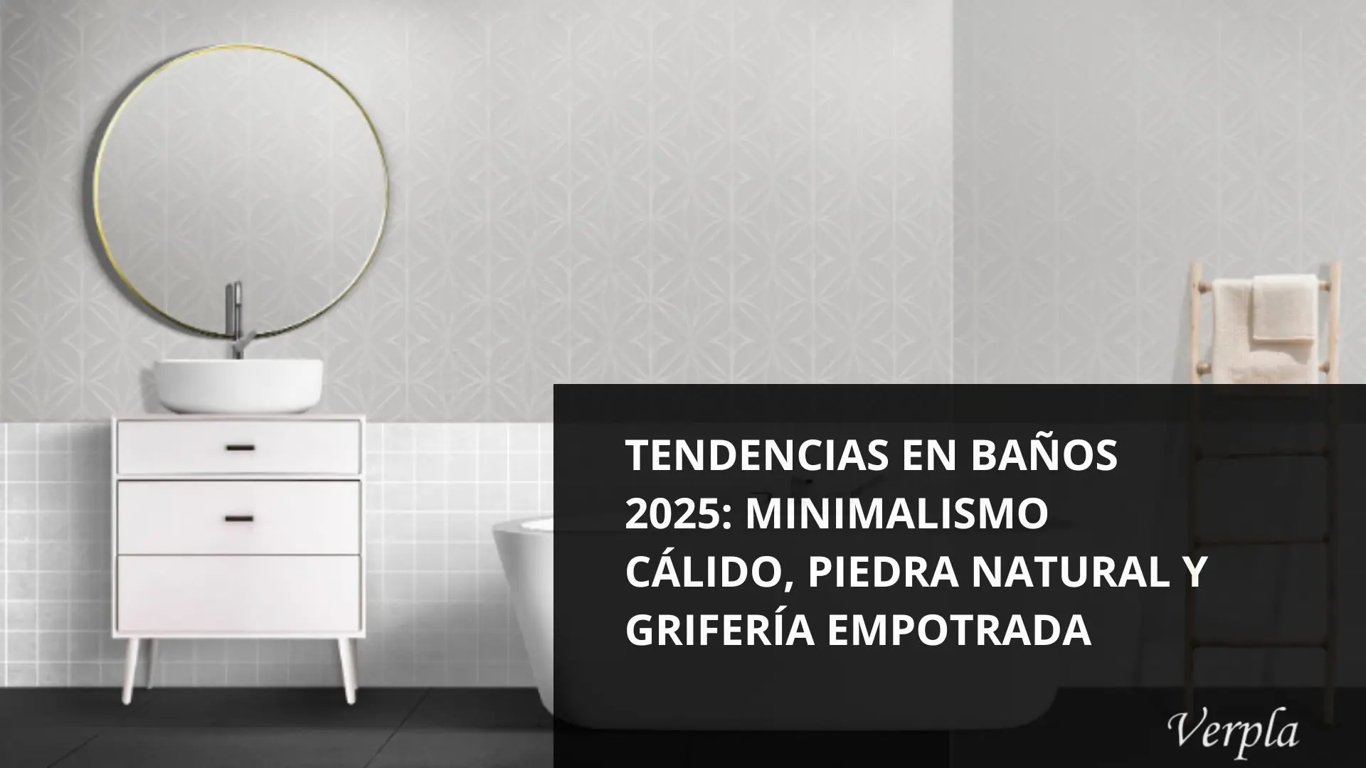 Baño minimalista con acabados cálidos, piedra natural y grifería oculta